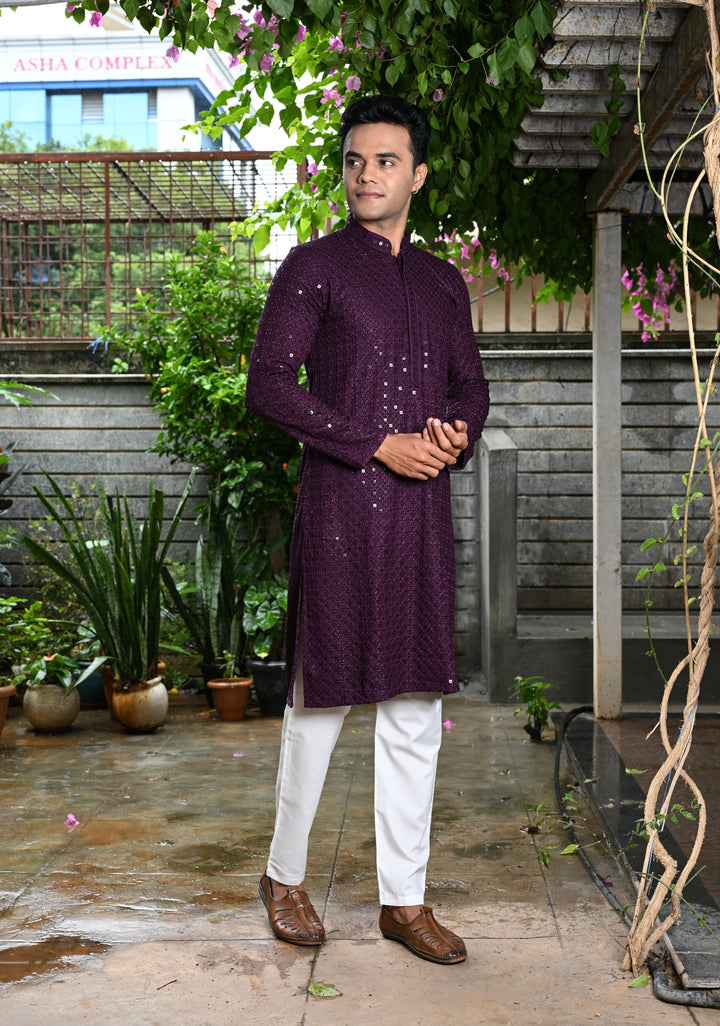 Plum Chikankari Kurta with Sequins and Pajama Set for Men | Made to Order