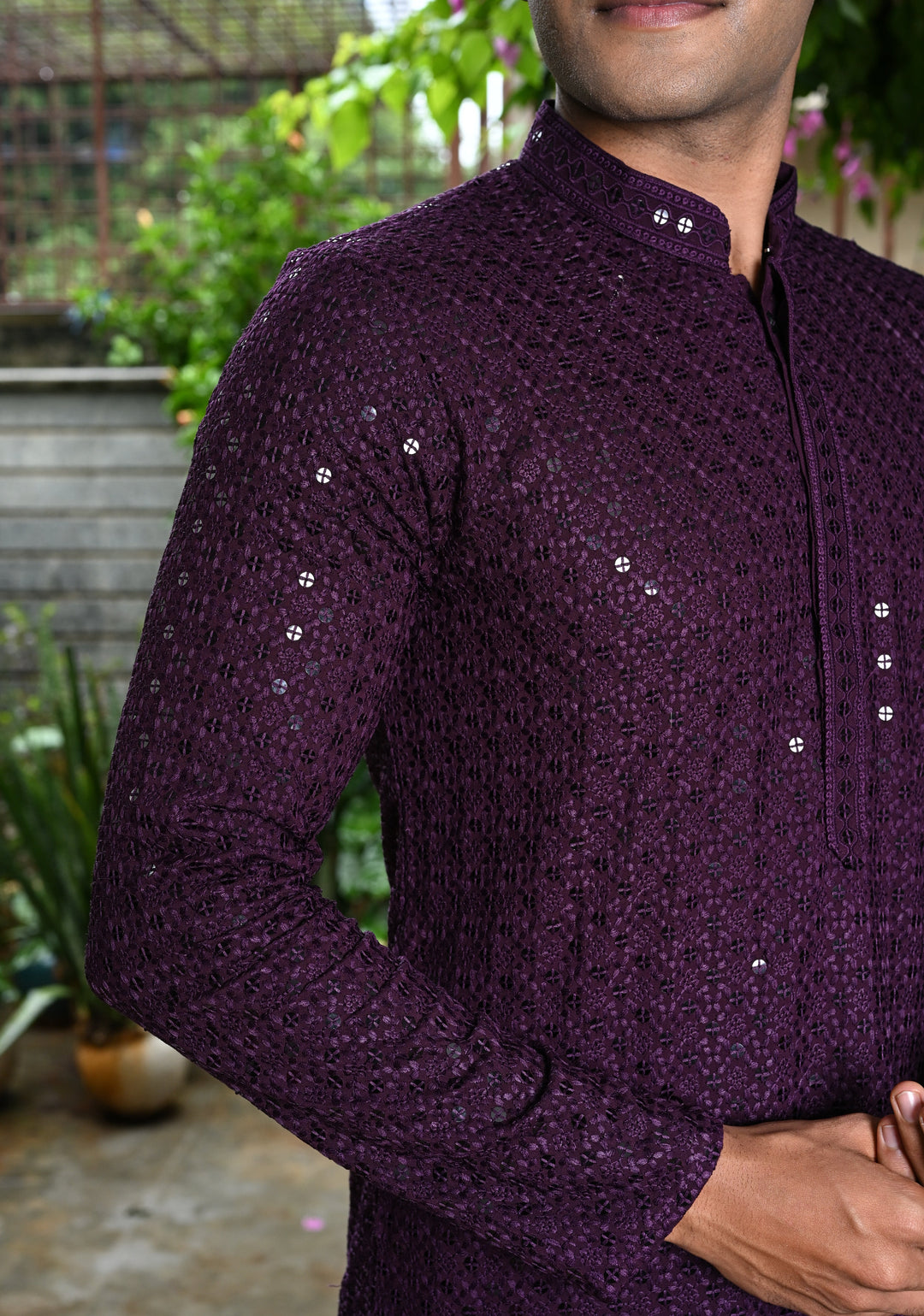 Plum Chikankari Kurta with Sequins and Pajama Set for Men | Made to Order