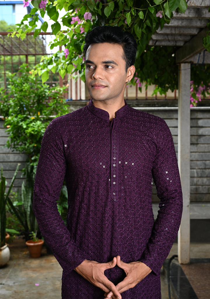Plum Chikankari Kurta with Sequins and Pajama Set for Men | Made to Order