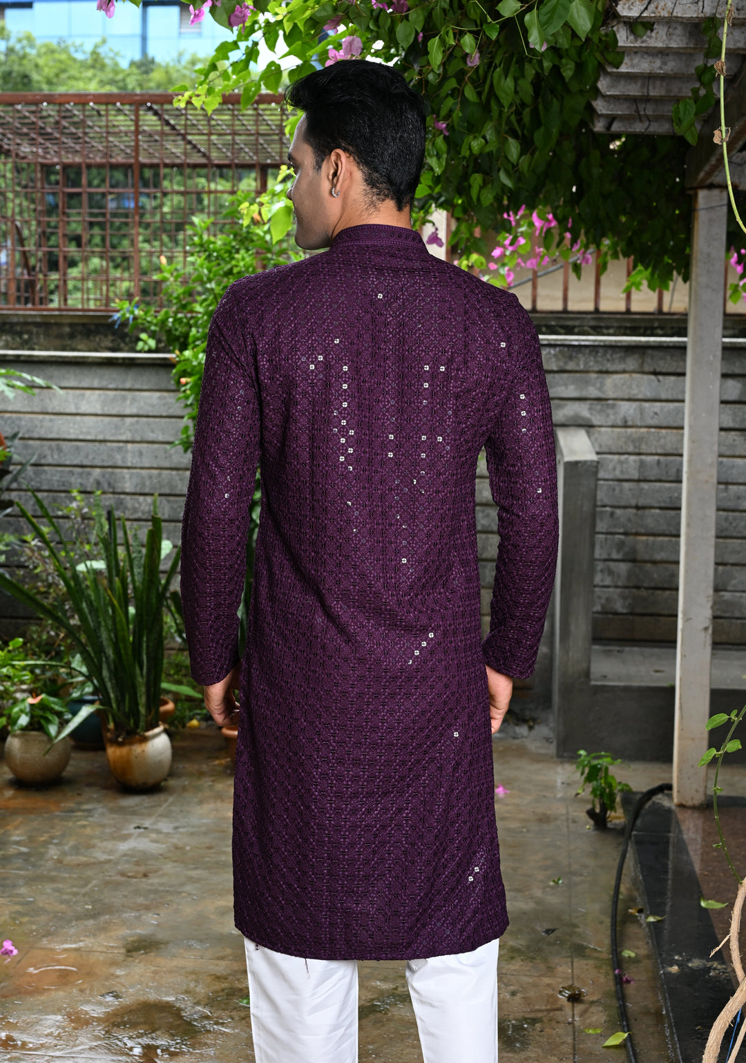 Plum Chikankari Kurta with Sequins and Pajama Set for Men | Made to Order