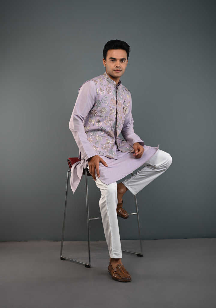 Dusty Lavender Kurta with Floral and Elephant Embroidery Pajama Set for Men | Made to Order
