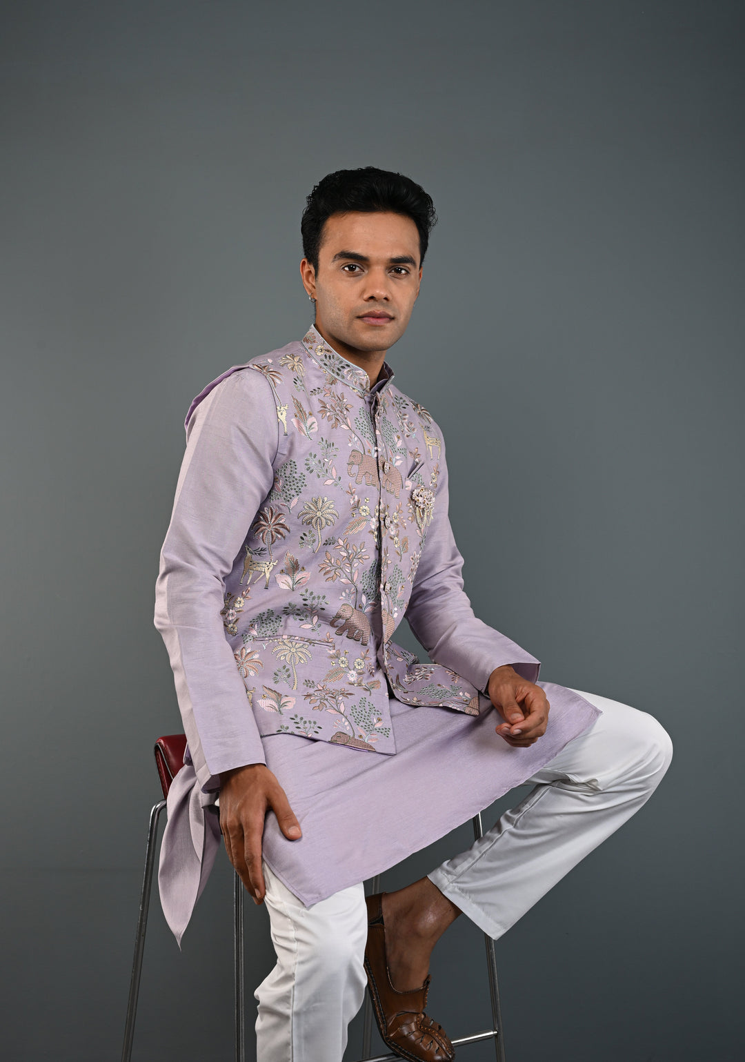 Dusty Lavender Kurta with Floral and Elephant Embroidery Pajama Set for Men | Made to Order