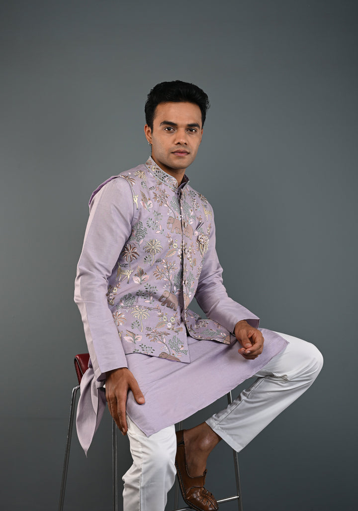 Dusty Lavender Kurta with Floral and Elephant Embroidery Pajama Set for Men | Made to Order