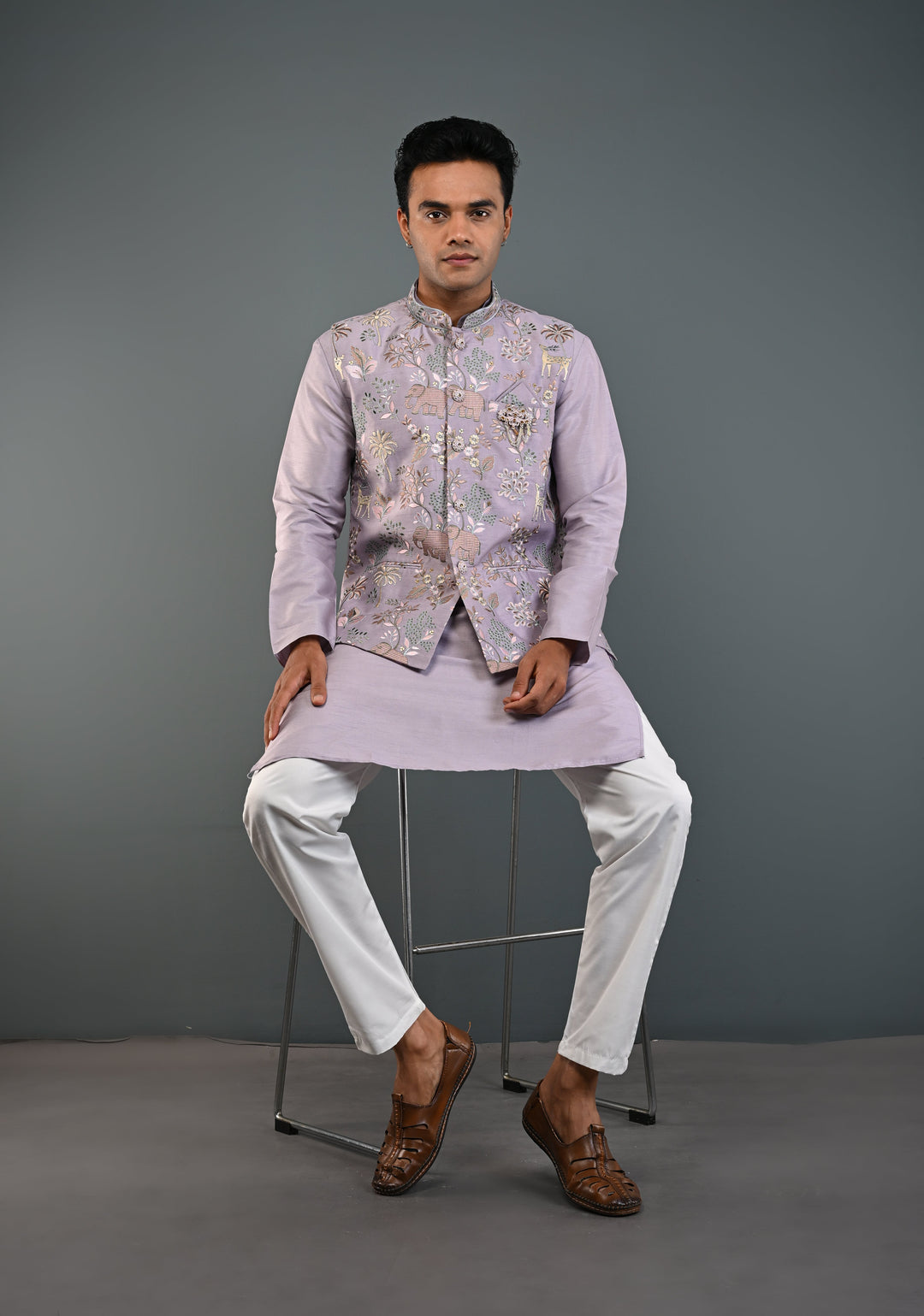 Dusty Lavender Kurta with Floral and Elephant Embroidery Pajama Set for Men | Made to Order