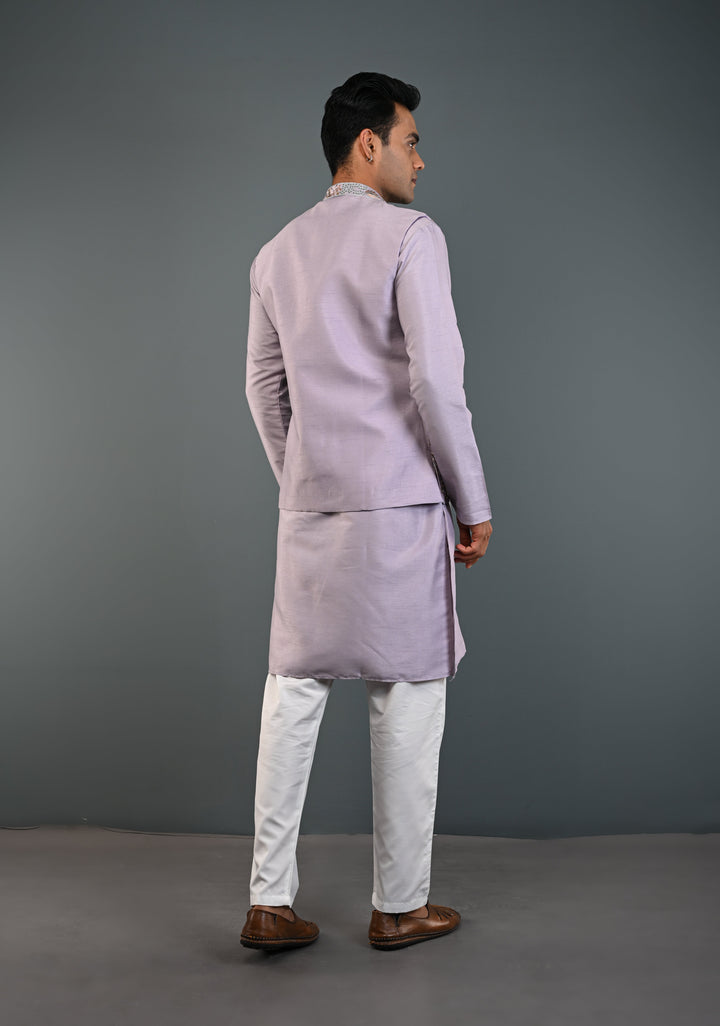 Dusty Lavender Kurta with Floral and Elephant Embroidery Pajama Set for Men | Made to Order