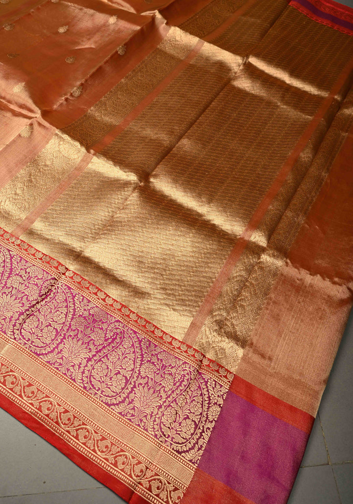 Tan Gold Pure Banarasi Organza Tissue Silk Saree with Floral Zari Buttas and Contrast Zari Border | SILK MARK CERTIFIED | SHOBITAM