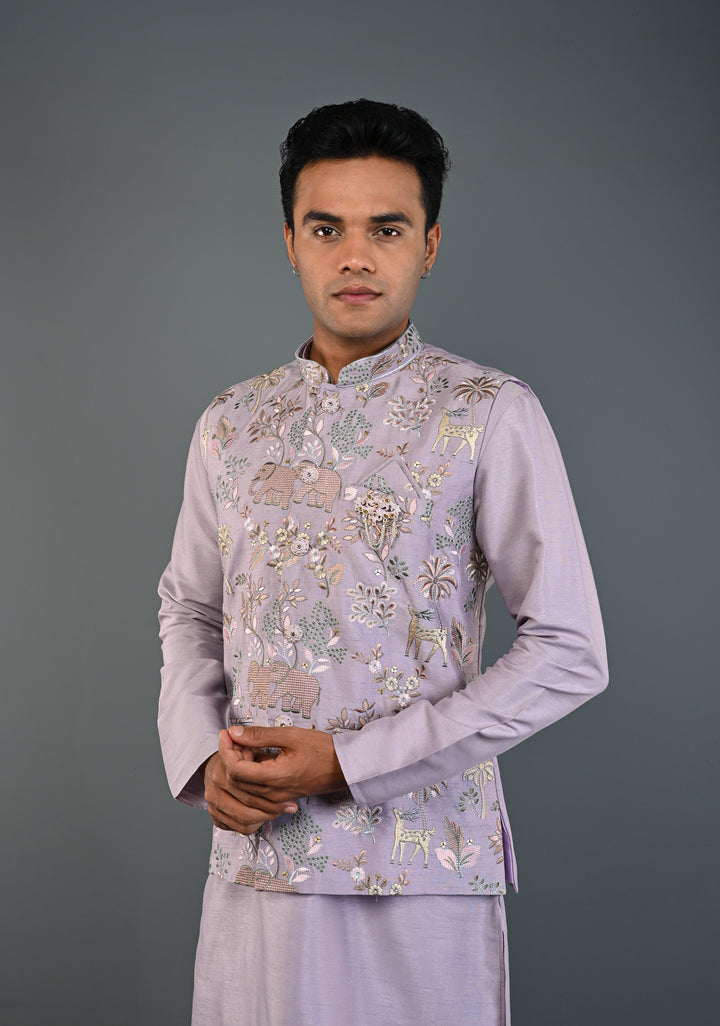 Dusty Lavender Kurta with Floral and Elephant Embroidery Pajama Set for Men | Made to Order