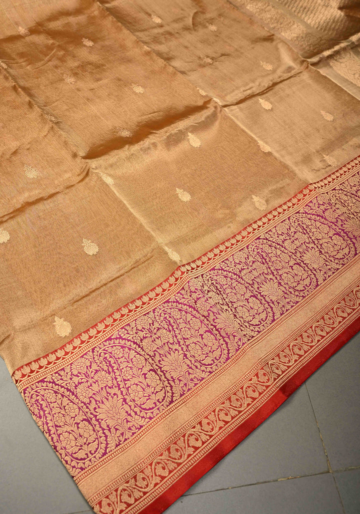 Tan Gold Pure Banarasi Organza Tissue Silk Saree with Floral Zari Buttas and Contrast Zari Border | SILK MARK CERTIFIED | SHOBITAM