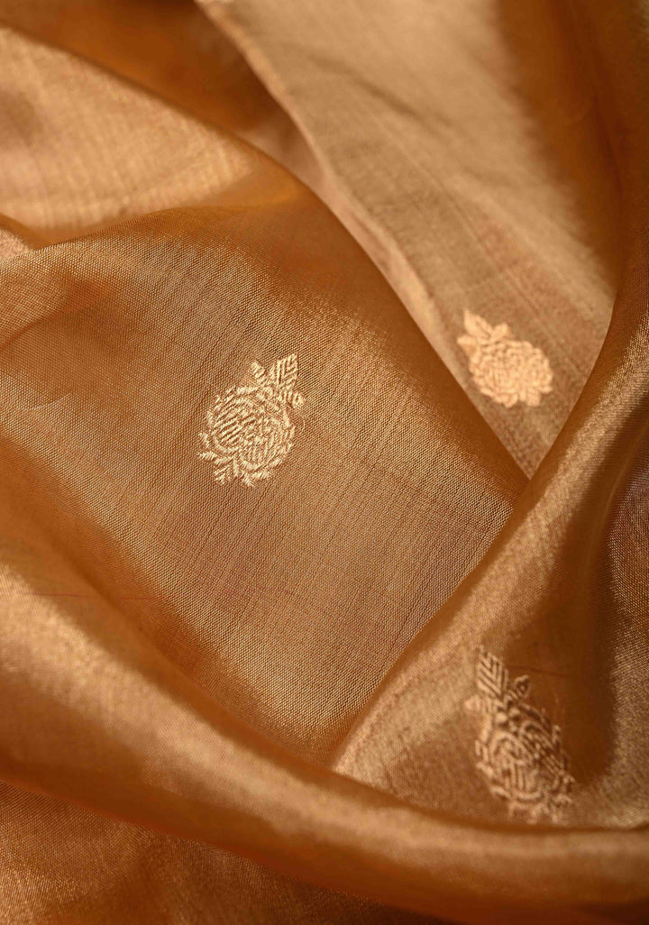 Tan Gold Pure Banarasi Organza Tissue Silk Saree with Floral Zari Buttas and Contrast Zari Border | SILK MARK CERTIFIED | SHOBITAM