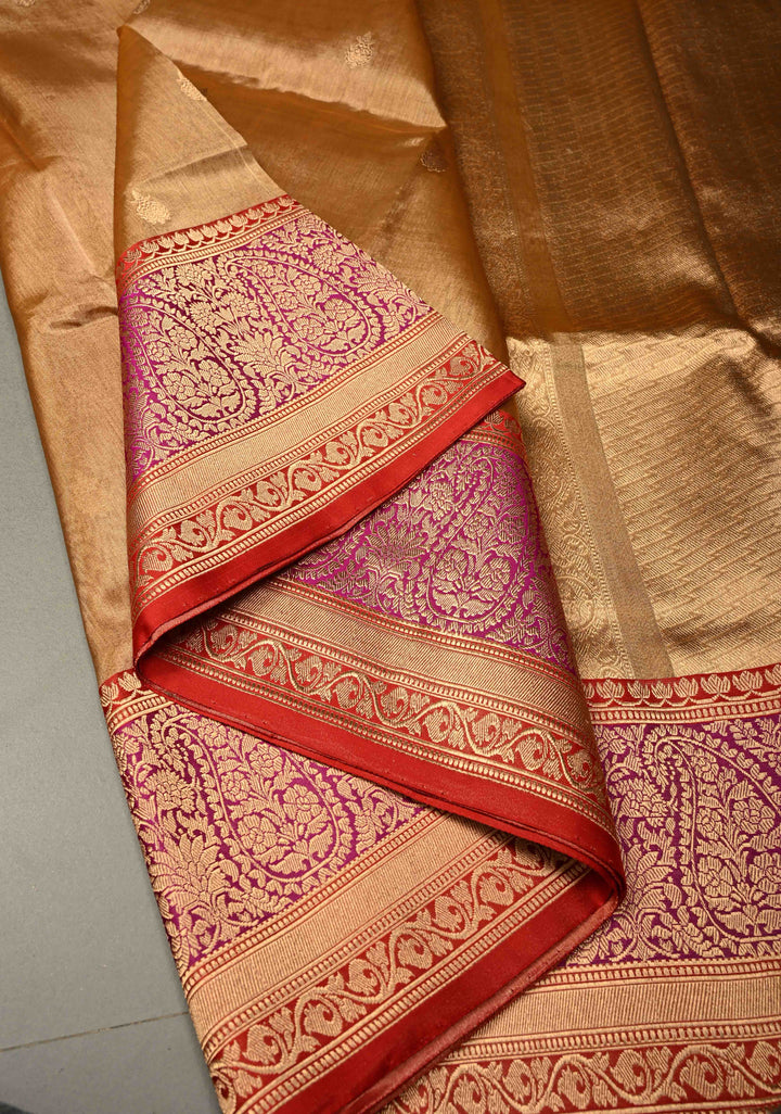 Tan Gold Pure Banarasi Organza Tissue Silk Saree with Floral Zari Buttas and Contrast Zari Border | SILK MARK CERTIFIED | SHOBITAM