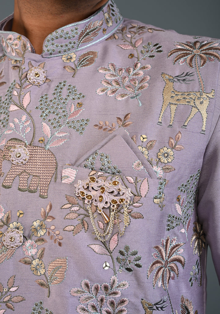 Dusty Lavender Kurta with Floral and Elephant Embroidery Pajama Set for Men | Made to Order