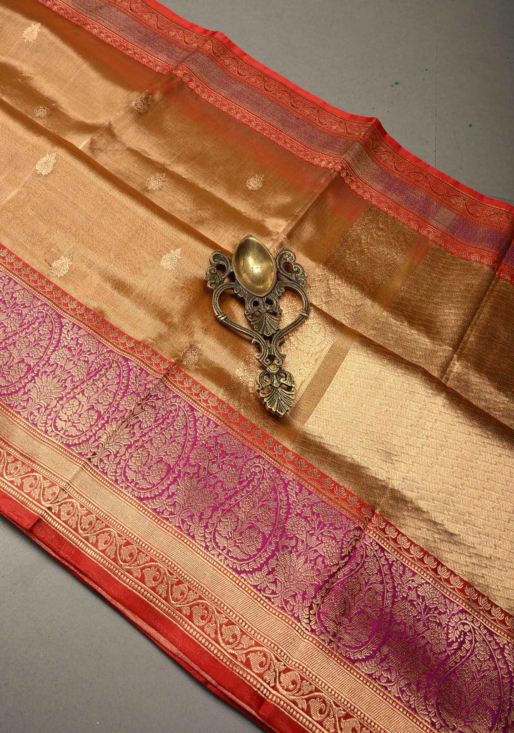 Tan Gold Pure Banarasi Organza Tissue Silk Saree with Floral Zari Buttas and Contrast Zari Border | SILK MARK CERTIFIED | SHOBITAM