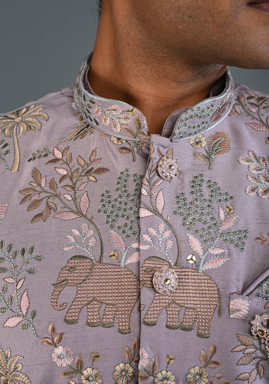Dusty Lavender Kurta with Floral and Elephant Embroidery Pajama Set for Men | Made to Order
