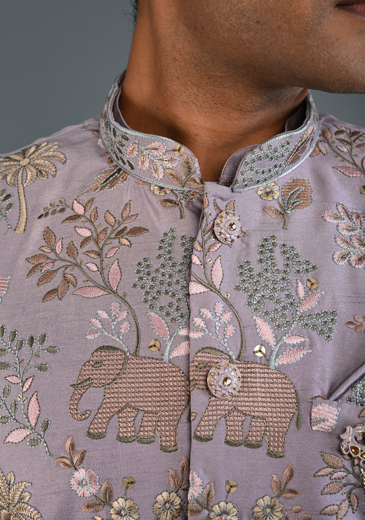 Dusty Lavender Kurta with Floral and Elephant Embroidery Pajama Set for Men | Made to Order