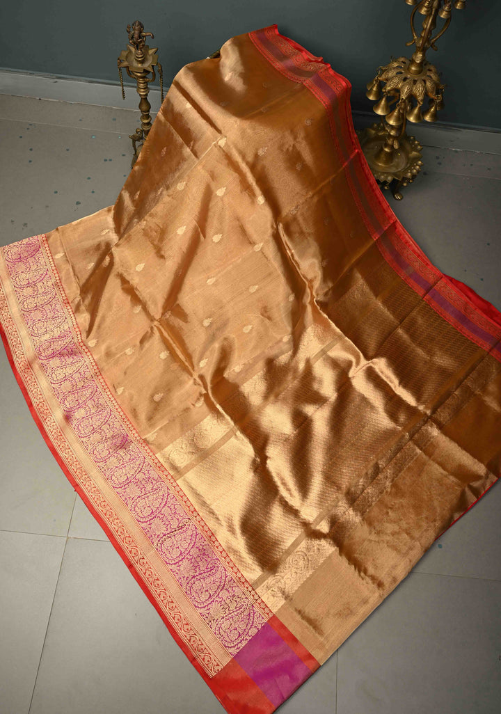 Tan Gold Pure Banarasi Organza Tissue Silk Saree with Floral Zari Buttas and Contrast Zari Border | SILK MARK CERTIFIED | SHOBITAM