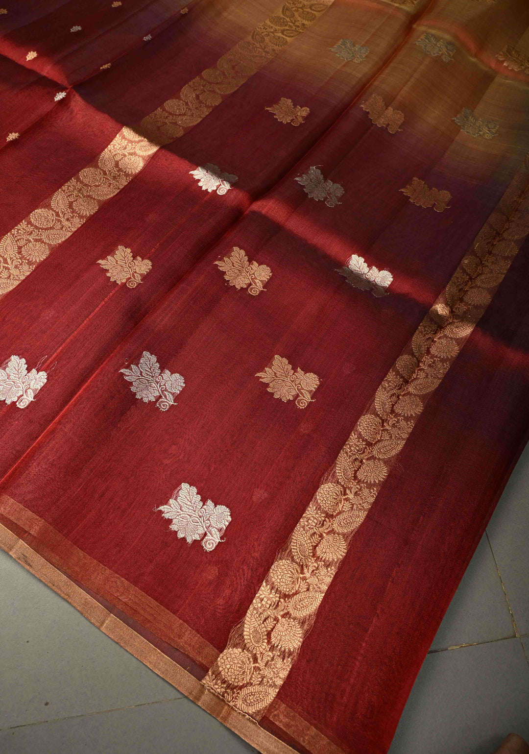 Ombre Borderless Pure Banarasi Organza Tissue Silk Saree with Sona Rupa Floral Zari Buttas  | SILK MARK CERTIFIED | SHOBITAM