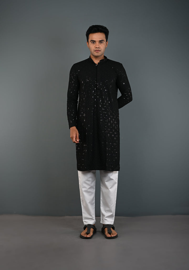 Black Chikankari Kurta with Sequins and Pajama Set for Men | Made to Order