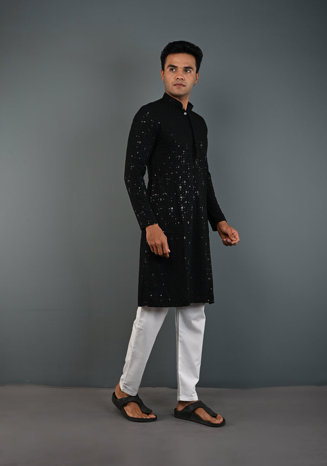 Black Chikankari Kurta with Sequins and Pajama Set for Men | Made to Order