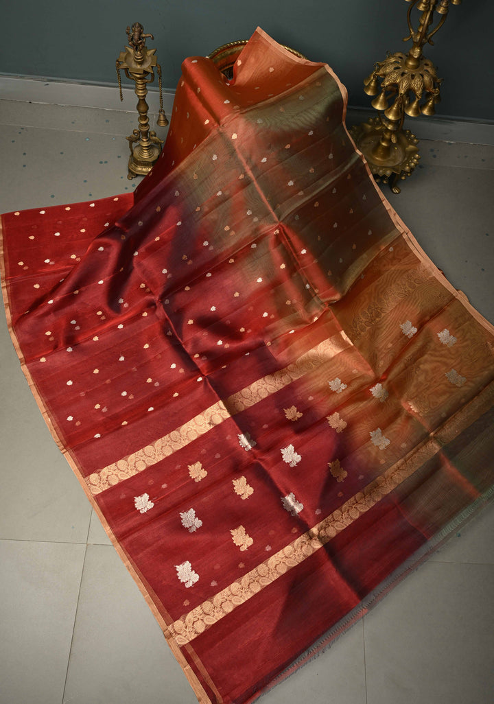 Ombre Borderless Pure Banarasi Organza Tissue Silk Saree with Sona Rupa Floral Zari Buttas  | SILK MARK CERTIFIED | SHOBITAM
