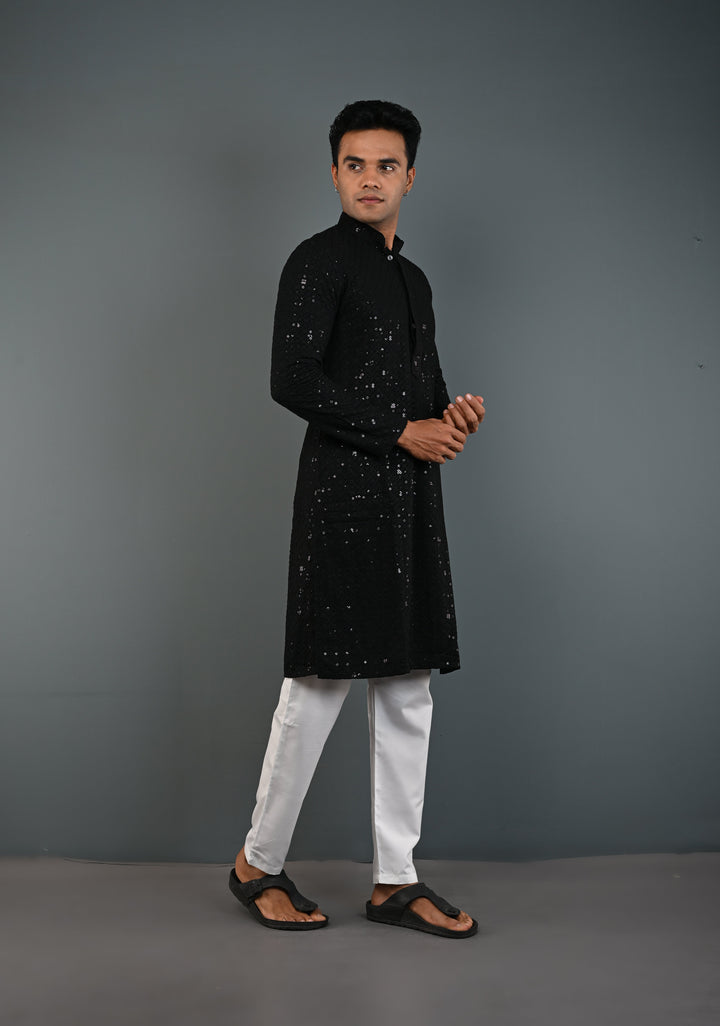 Black Chikankari Kurta with Sequins and Pajama Set for Men | Made to Order