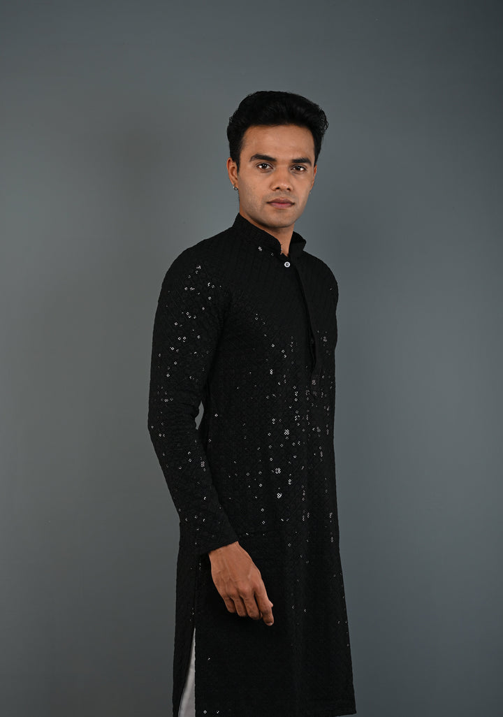 Black Chikankari Kurta with Sequins and Pajama Set for Men | Made to Order