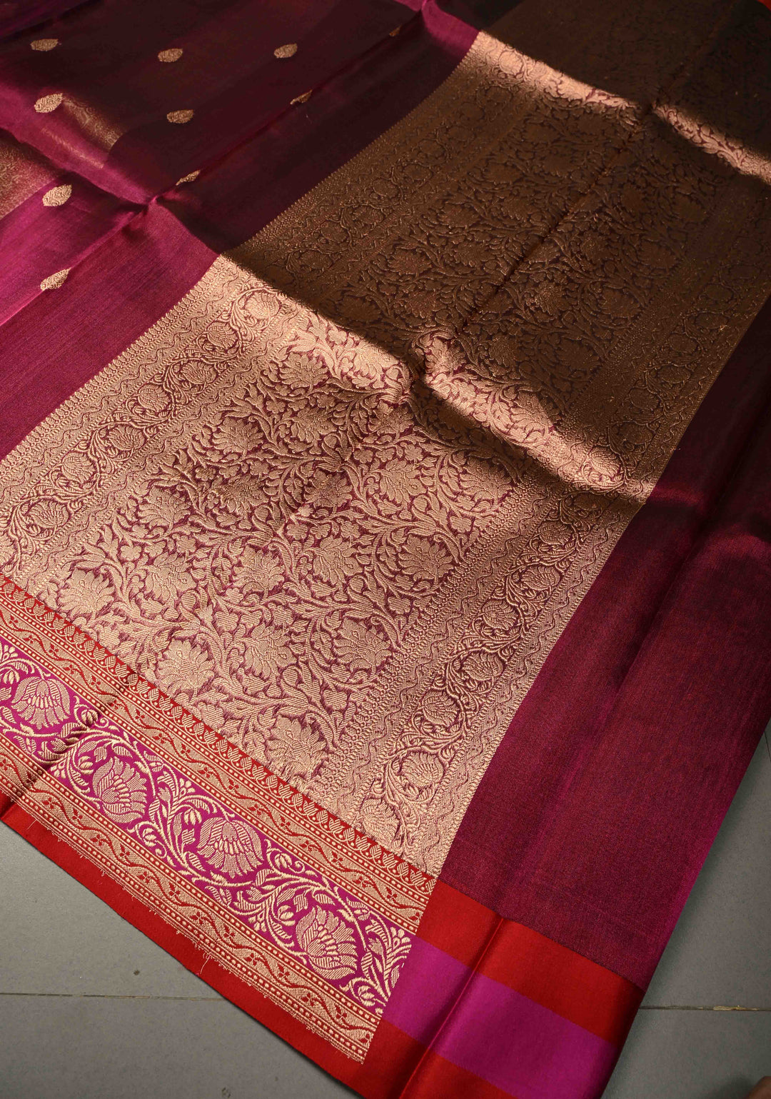 Purple Pure Banarasi Organza Tissue Silk Saree with Floral Zari Buttas and Contrast Zari Border | SILK MARK CERTIFIED | SHOBITAM