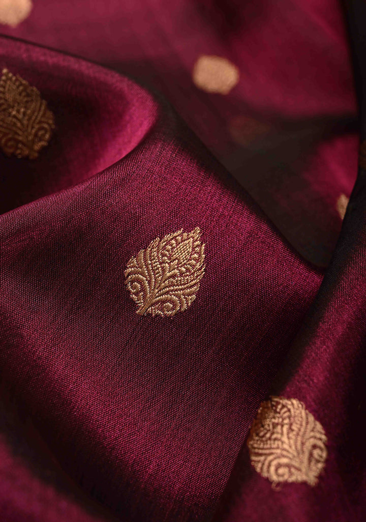 Purple Pure Banarasi Organza Tissue Silk Saree with Floral Zari Buttas and Contrast Zari Border | SILK MARK CERTIFIED | SHOBITAM