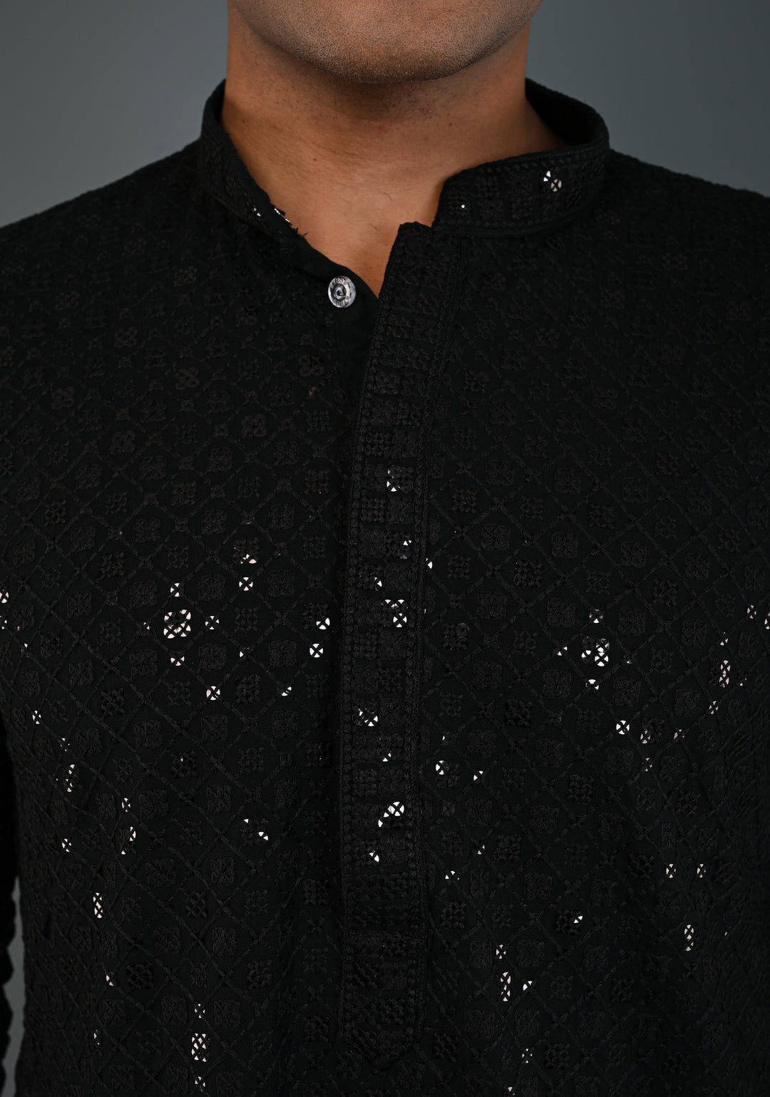 Black Chikankari Kurta with Sequins and Pajama Set for Men | Made to Order