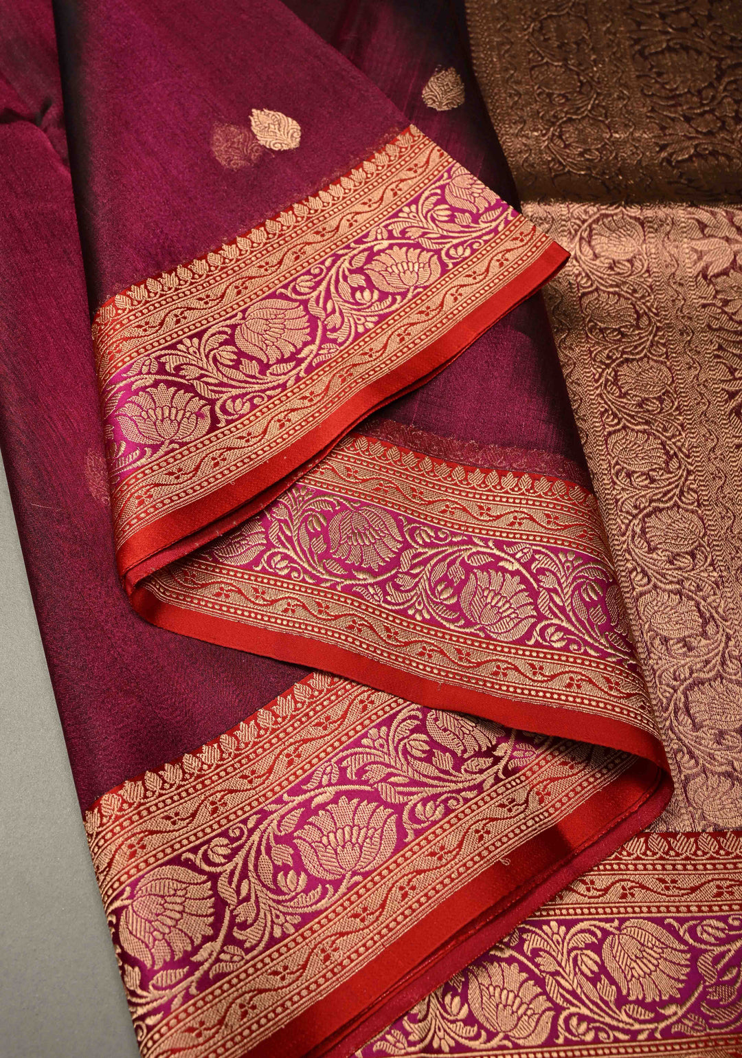 Purple Pure Banarasi Organza Tissue Silk Saree with Floral Zari Buttas and Contrast Zari Border | SILK MARK CERTIFIED | SHOBITAM