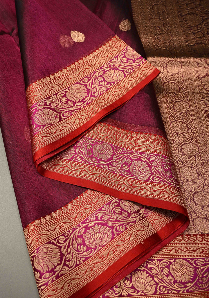 Purple Pure Banarasi Organza Tissue Silk Saree with Floral Zari Buttas and Contrast Zari Border | SILK MARK CERTIFIED | SHOBITAM