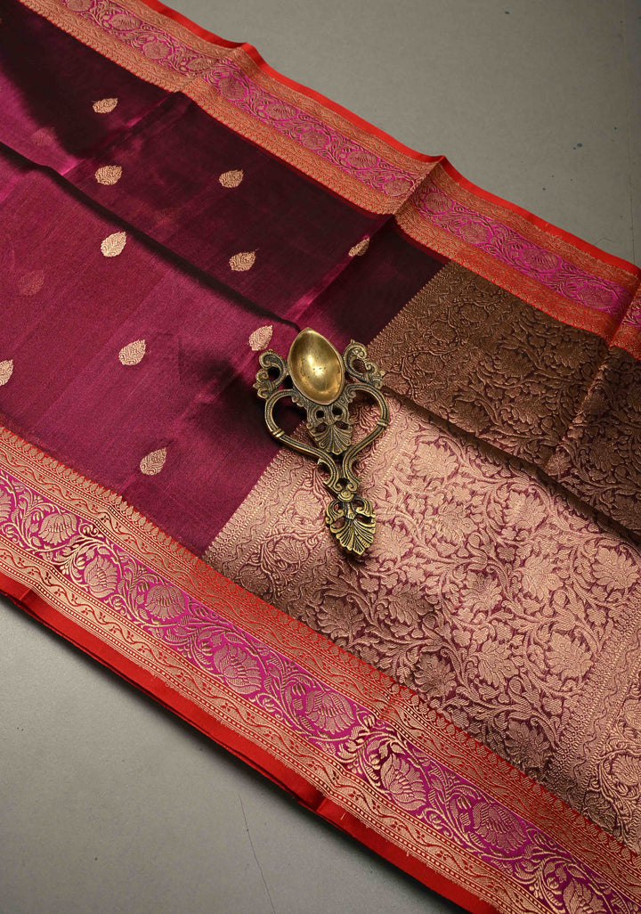 Purple Pure Banarasi Organza Tissue Silk Saree with Floral Zari Buttas and Contrast Zari Border | SILK MARK CERTIFIED | SHOBITAM