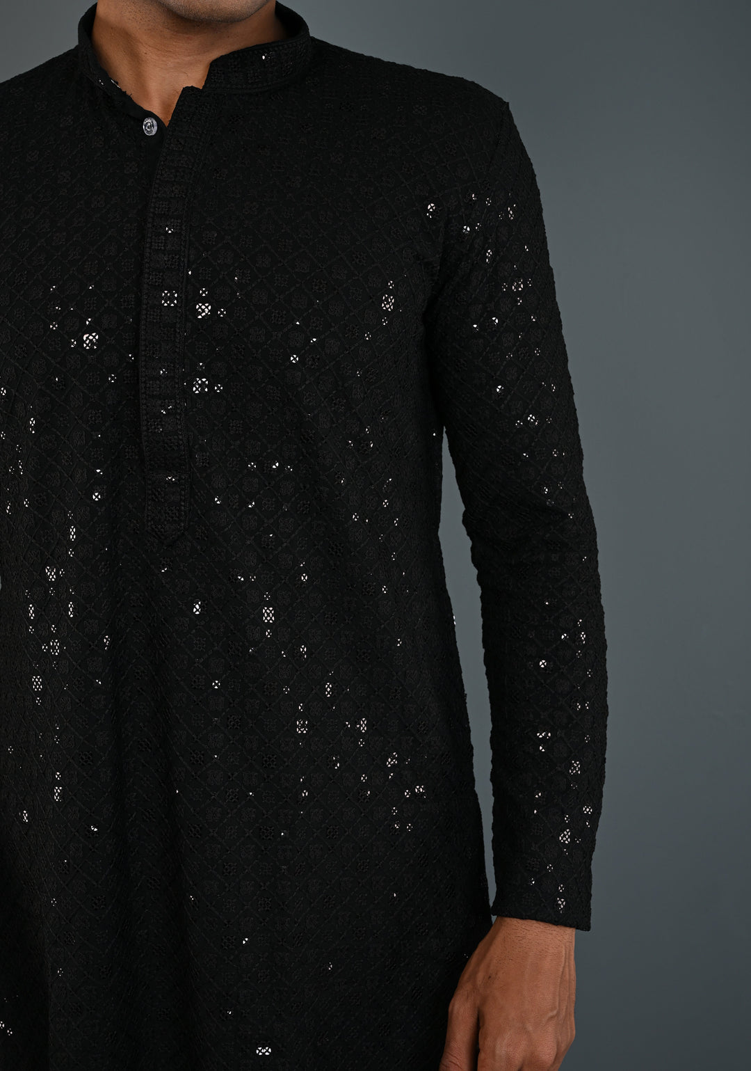 Black Chikankari Kurta with Sequins and Pajama Set for Men | Made to Order