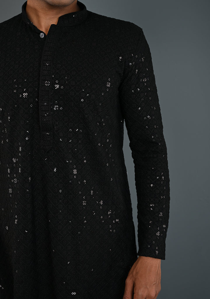 Black Chikankari Kurta with Sequins and Pajama Set for Men | Made to Order