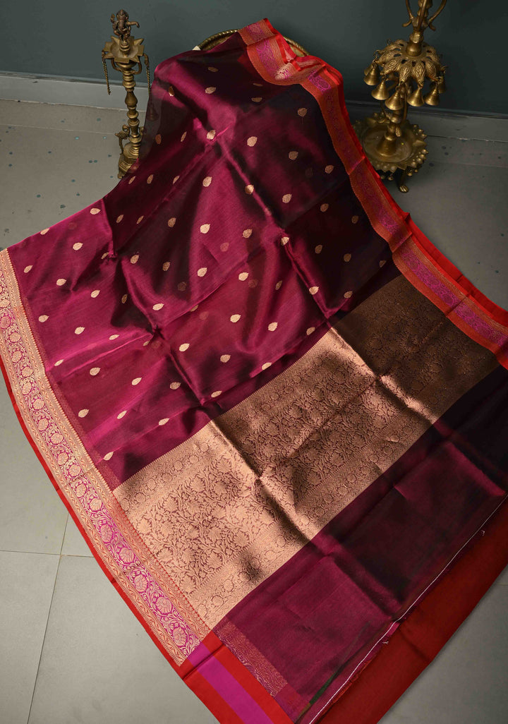 Purple Pure Banarasi Organza Tissue Silk Saree with Floral Zari Buttas and Contrast Zari Border | SILK MARK CERTIFIED | SHOBITAM