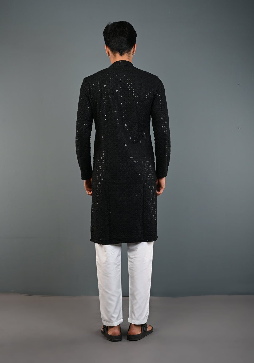 Black Chikankari Kurta with Sequins and Pajama Set for Men | Made to Order