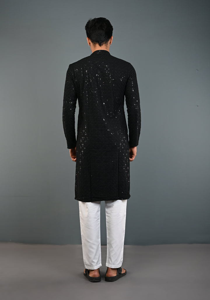 Black Chikankari Kurta with Sequins and Pajama Set for Men | Made to Order
