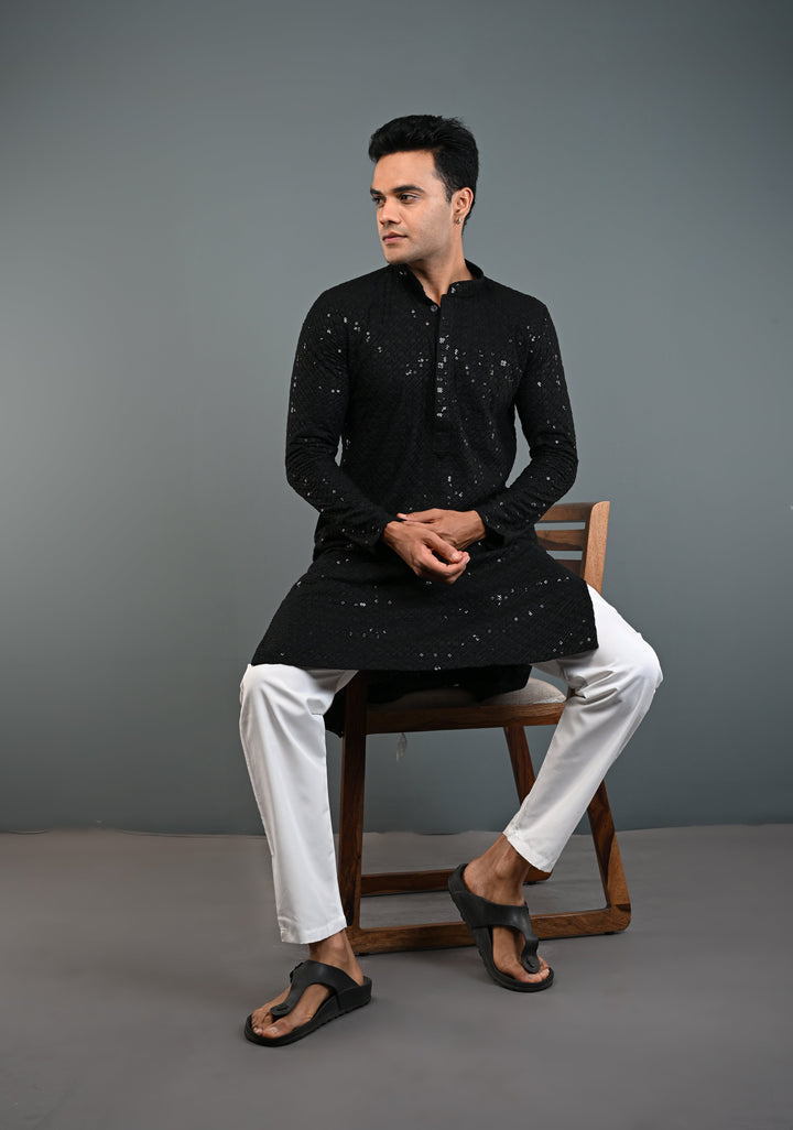 Black Chikankari Kurta with Sequins and Pajama Set for Men | Made to Order