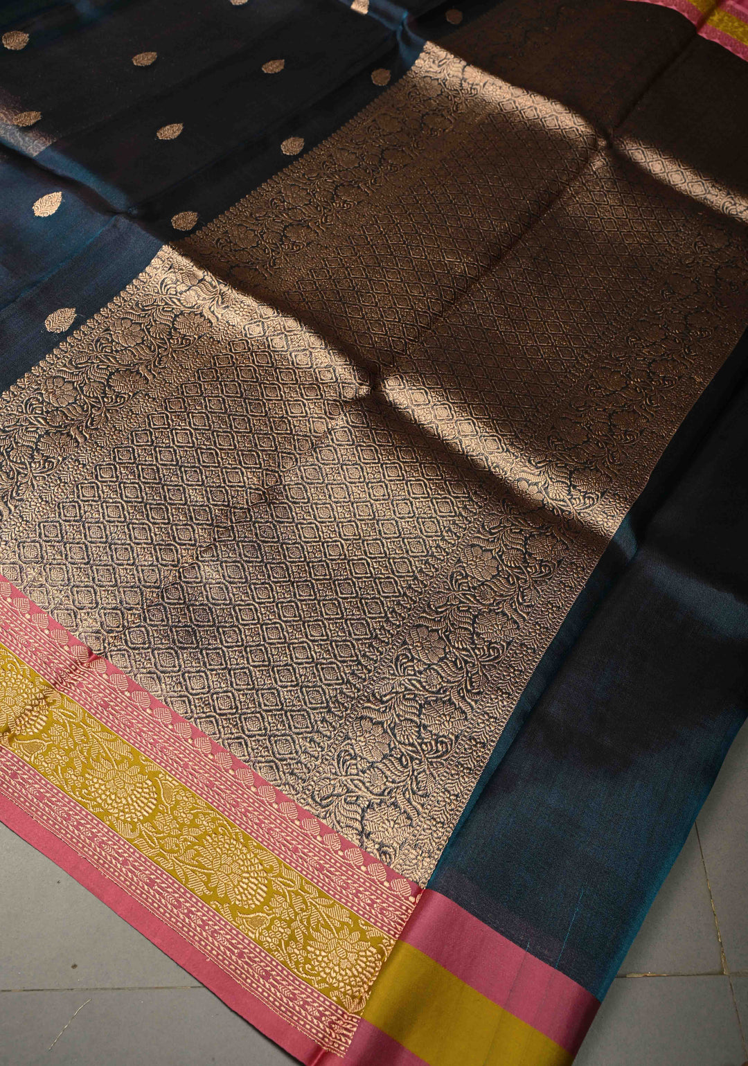 Peacock Blue Pure Banarasi Organza Tissue Silk Saree with Floral Zari Buttas and Contrast 2 Tone Zari Border | SILK MARK CERTIFIED | SHOBITAM