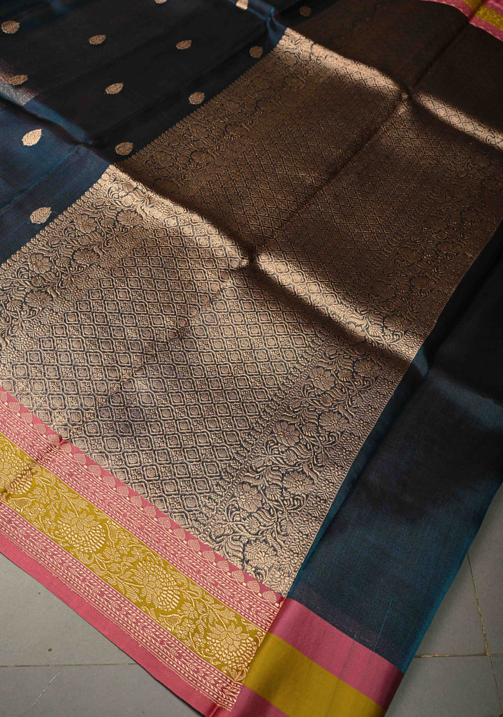 Peacock Blue Pure Banarasi Organza Tissue Silk Saree with Floral Zari Buttas and Contrast 2 Tone Zari Border | SILK MARK CERTIFIED | SHOBITAM