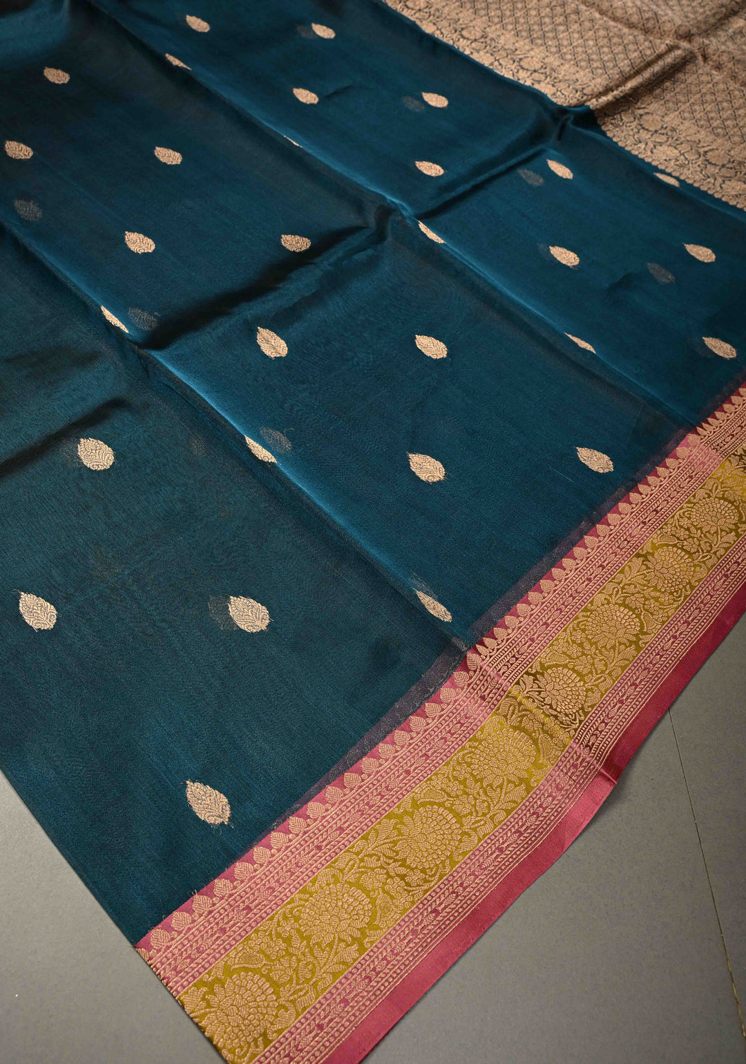 Peacock Blue Pure Banarasi Organza Tissue Silk Saree with Floral Zari Buttas and Contrast 2 Tone Zari Border | SILK MARK CERTIFIED | SHOBITAM