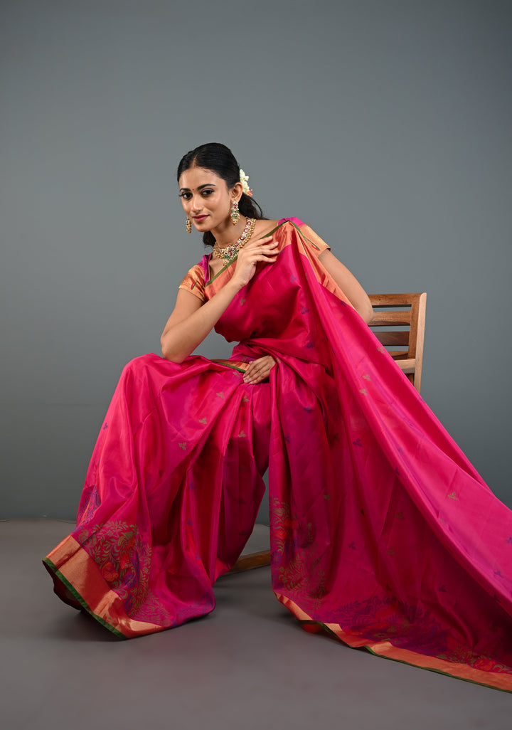 Pinkish Red Soft Silk Saree with Resham Weave and Tissue Zari Borders | SILK MARK CERTIFIED