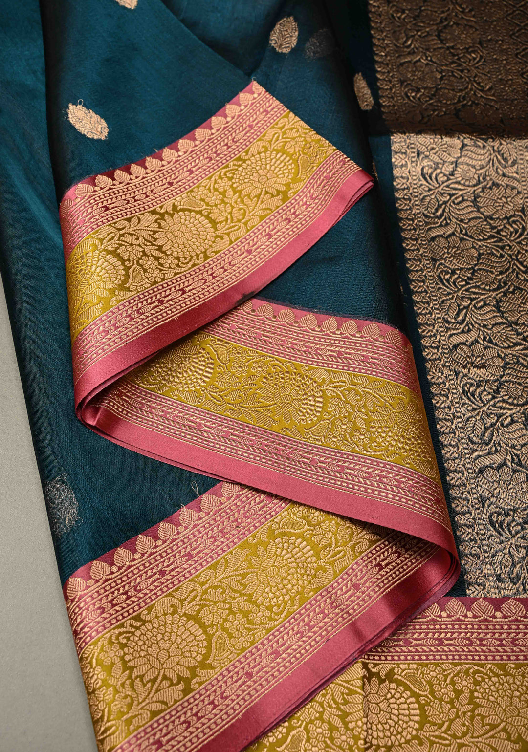Peacock Blue Pure Banarasi Organza Tissue Silk Saree with Floral Zari Buttas and Contrast 2 Tone Zari Border | SILK MARK CERTIFIED | SHOBITAM
