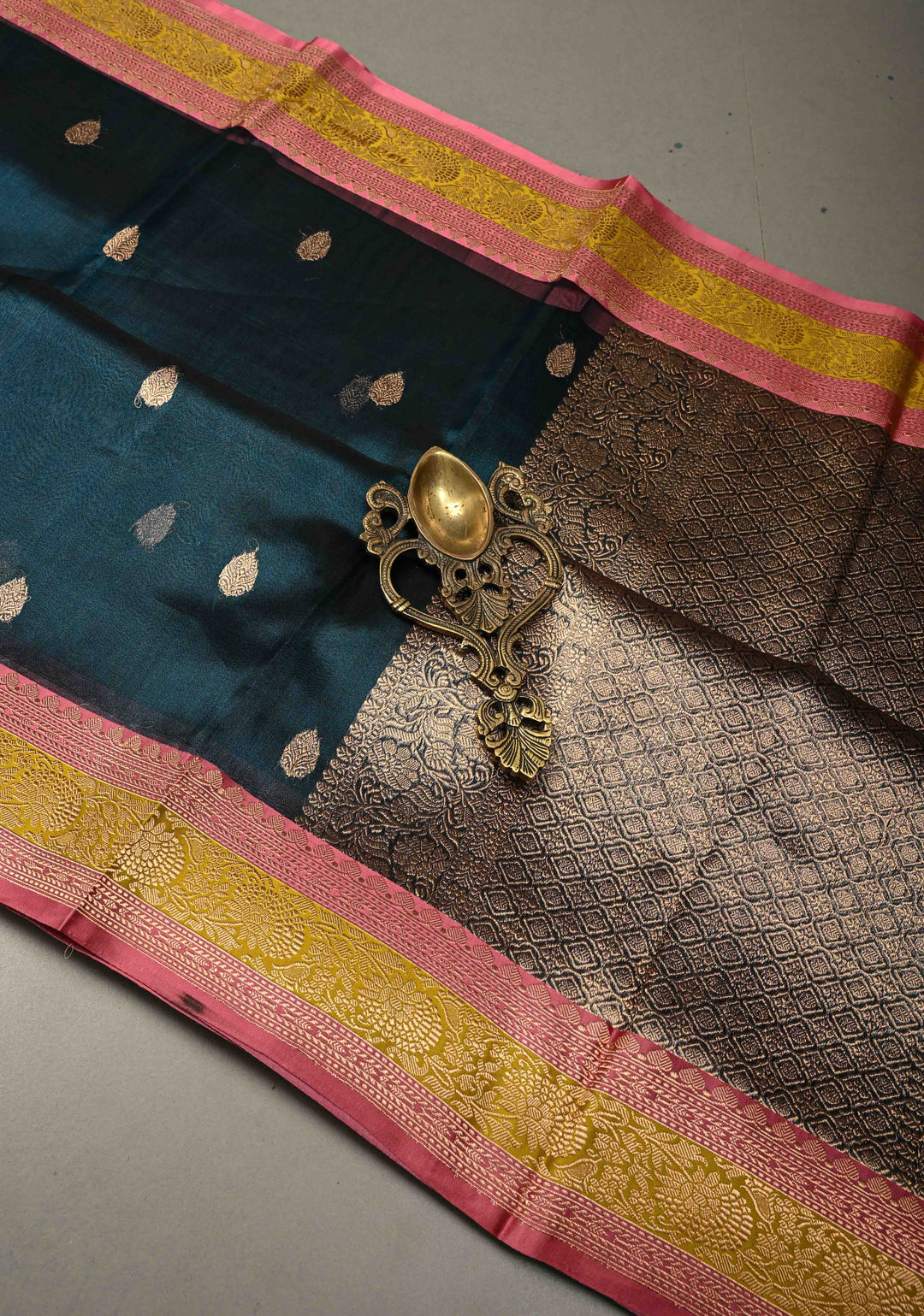Peacock Blue Pure Banarasi Organza Tissue Silk Saree with Floral Zari Buttas and Contrast 2 Tone Zari Border | SILK MARK CERTIFIED | SHOBITAM