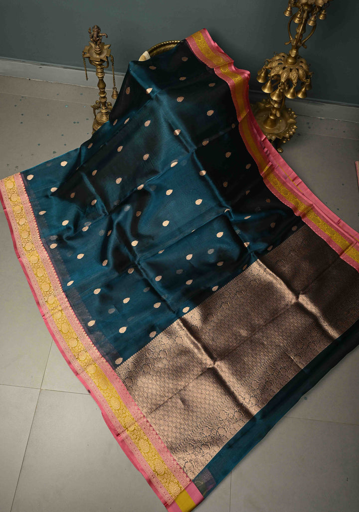 Peacock Blue Pure Banarasi Organza Tissue Silk Saree with Floral Zari Buttas and Contrast 2 Tone Zari Border | SILK MARK CERTIFIED | SHOBITAM
