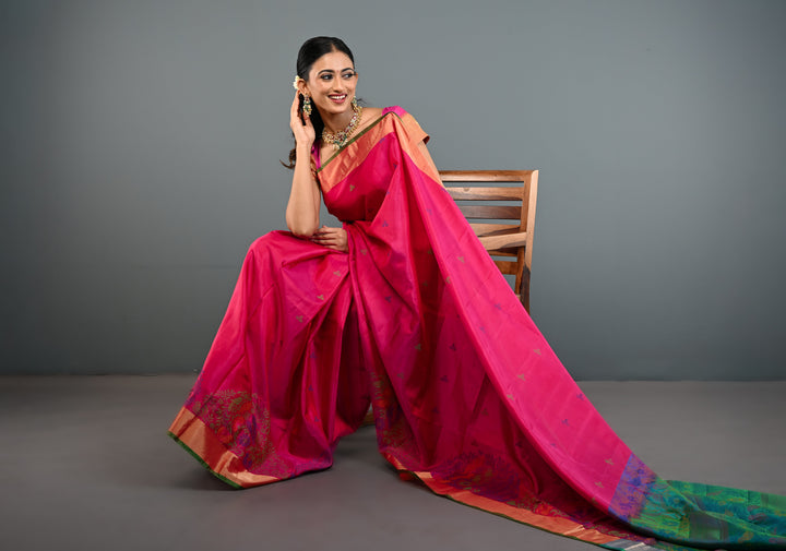 Pinkish Red Soft Silk Saree with Resham Weave and Tissue Zari Borders | SILK MARK CERTIFIED