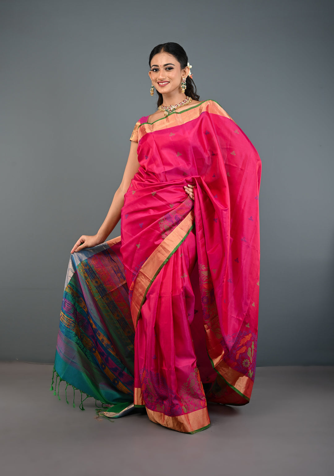 Pinkish Red Soft Silk Saree with Resham Weave and Tissue Zari Borders | SILK MARK CERTIFIED
