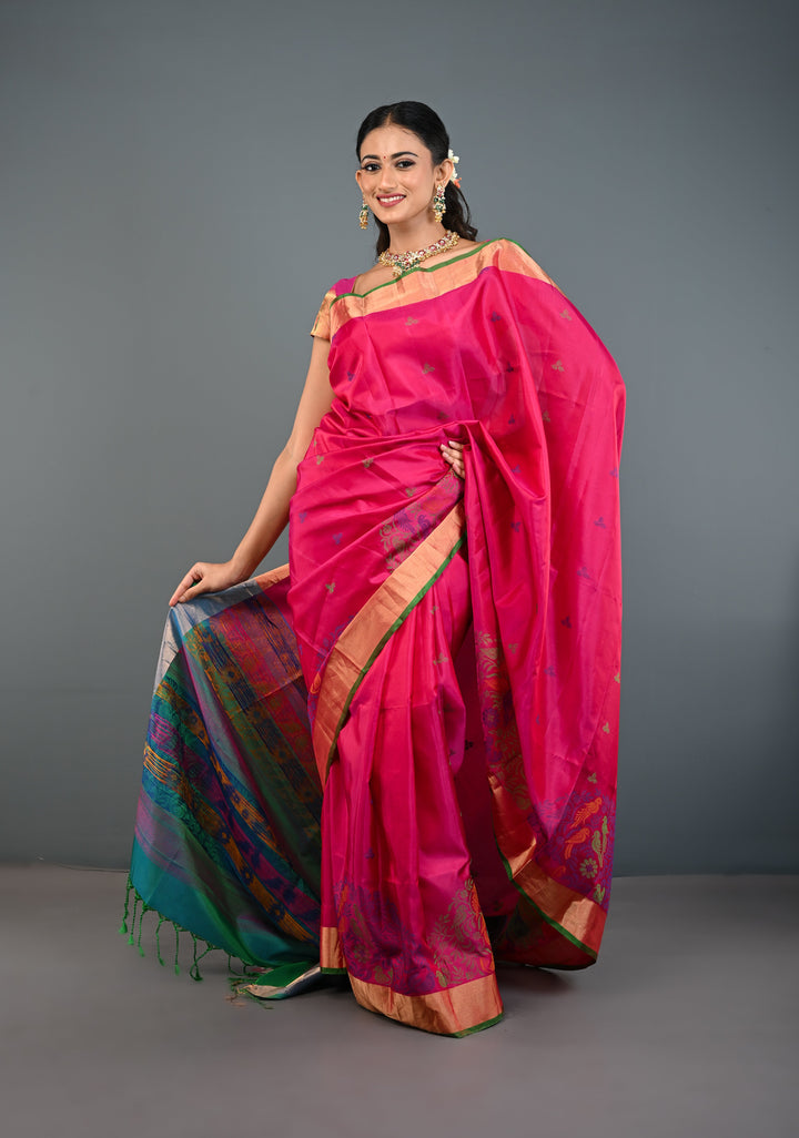 Pinkish Red Soft Silk Saree with Resham Weave and Tissue Zari Borders | SILK MARK CERTIFIED