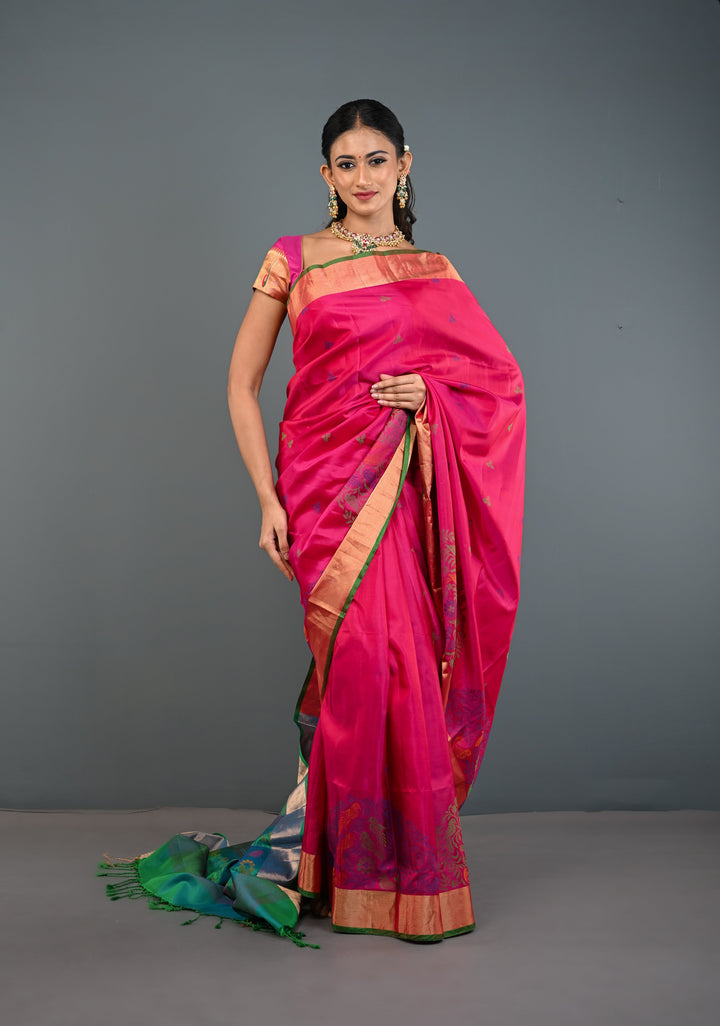 Pinkish Red Soft Silk Saree with Resham Weave and Tissue Zari Borders | SILK MARK CERTIFIED