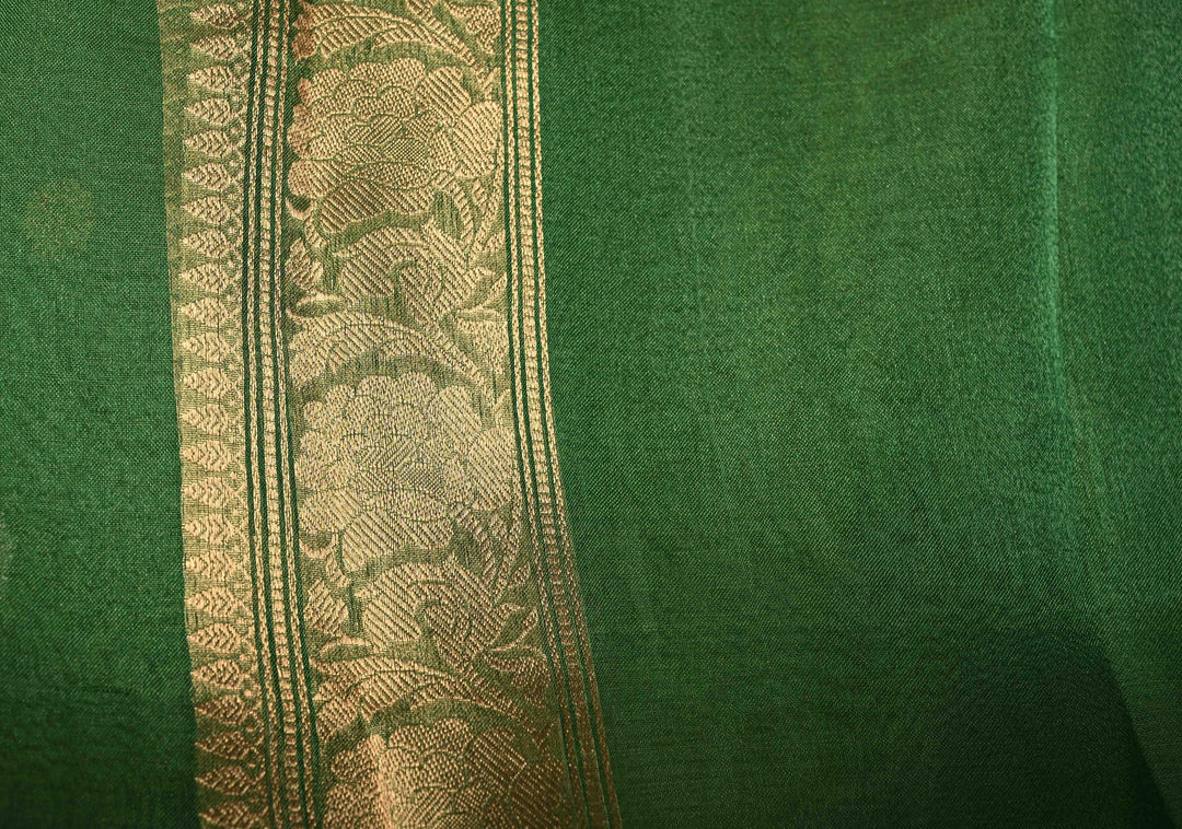Green Dual tone Pure Banarasi Organza Tissue Silk Saree with Sona Rupa Buttas and Minimal Zari Border | SILK MARK CERTIFIED | SHOBITAM