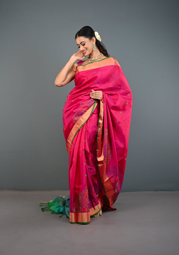 Pinkish Red Soft Silk Saree with Resham Weave and Tissue Zari Borders | SILK MARK CERTIFIED